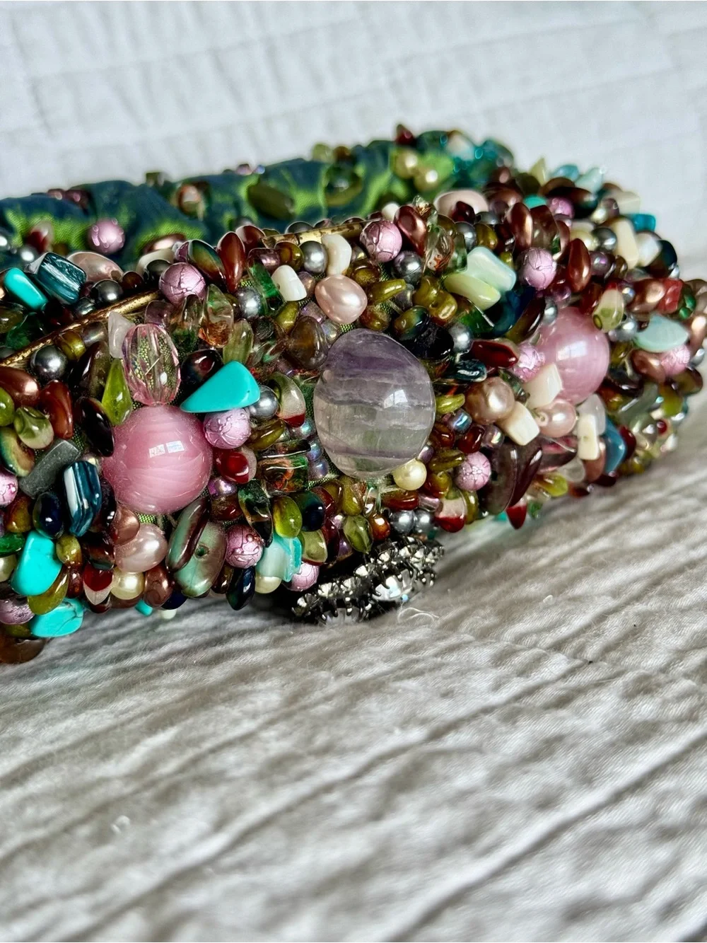 Vintage Mary Frances Beaded Green Embellished Evening Clutch with Chain